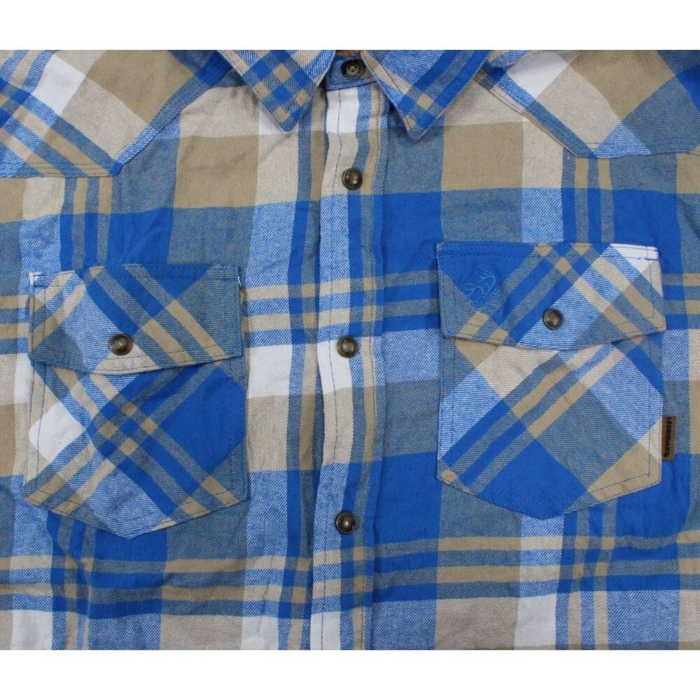 Legendary Stockyards Mens XL Plaid Flannel Shirt Blue & Tan 100% Cotton - Picture 3 of 12